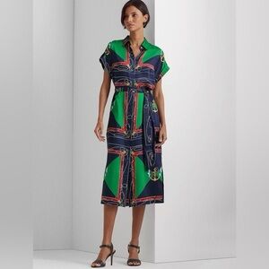 Ralph Laurent printed twill shirt dress belted blue/green size 8
